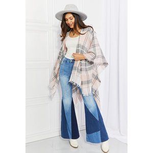 Plaid Lightweight Poncho Long Open Front Cloak Sleeves Fringe Casual Classy